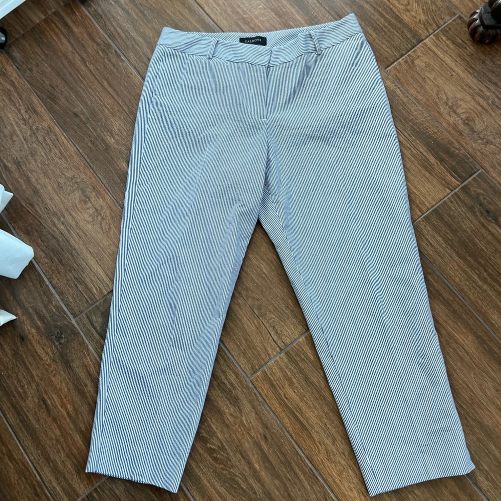 Talbots Blue and White Seersucker chinos Striped Straight-Leg crop pants - Picture 2 of 8